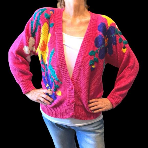 Vintage 80s Jaclyn Smith Hot Pink Floral Statement Cardigan Sweater Knit Small - Picture 1 of 12